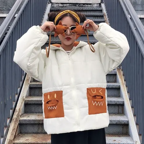 外套秋冬装女棉服2021新款星星刺绣耳朵连帽加厚棉衣萌棉袄短款萌图片