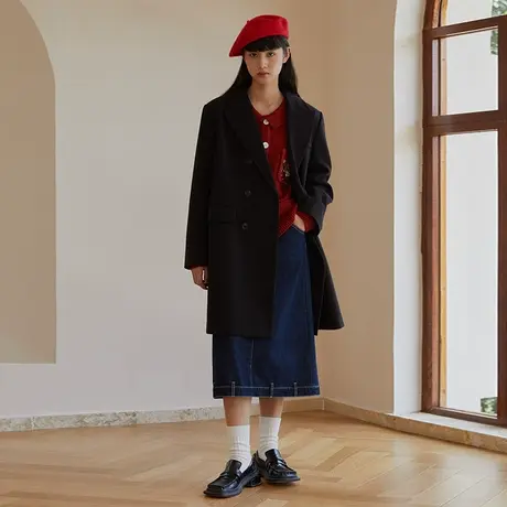 omont蛋挞家 复古双排扣西装领毛呢外套女中长款过膝气质呢子大衣商品大图