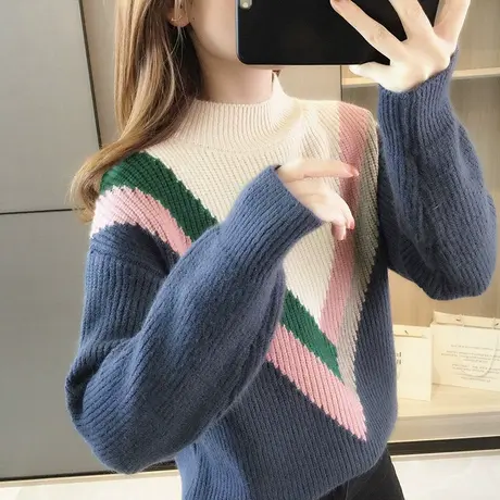 新款秋冬季女士毛衣加厚打底衫拼色上衣半高领套头宽松洋气针织衫商品大图