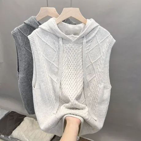 2023春装新款连帽马甲背心女宽松无袖毛衣休闲百搭针织坎肩外穿商品大图