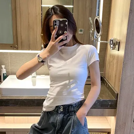 小立领短袖t恤女内搭打底衫2023夏季新款设计感修身显瘦纯棉上衣图片