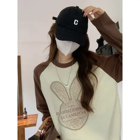 小众百搭撞色爆款上衣长袖纯棉2023秋冬新款宽松插肩长袖t恤女ins商品大图