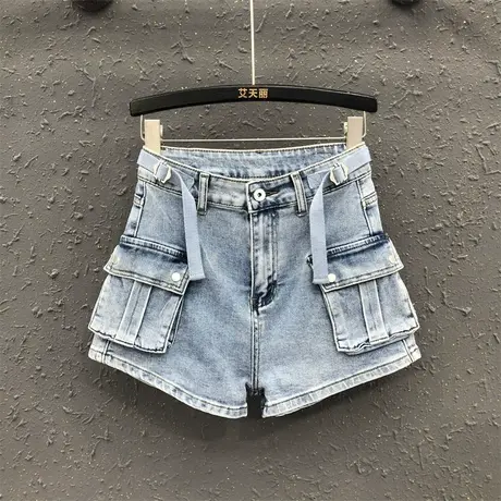 2023夏新款浅蓝色工装口袋设计感宽松显瘦牛仔短裤女时尚阔腿热裤商品大图