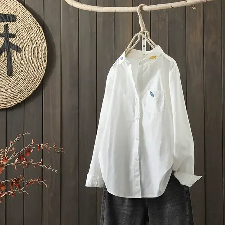 枫谜2021秋装新款文艺简约刺绣全棉长袖白衬衫女宽松百搭打底衬衣图片