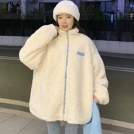 羊羔毛卫衣女2023新款秋冬季宽松设计感小众上衣加绒加厚开衫外套图片