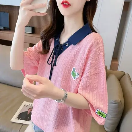 小众设计感短袖t恤女夏季韩版宽松大码小个子polo领撞色短款上衣商品大图