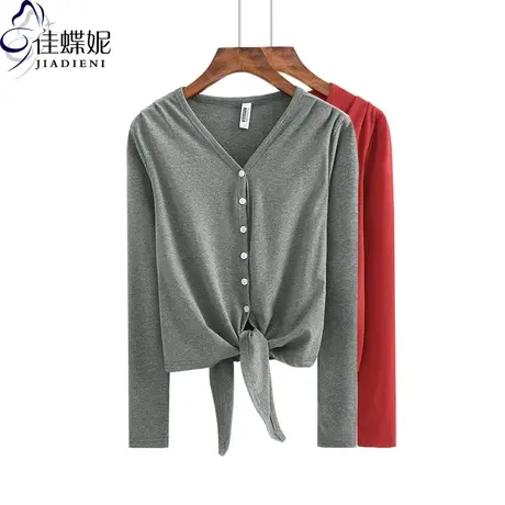 春秋季新款V领开衫外套长袖纽扣T恤下摆打结百搭上衣内搭女装T恤商品大图