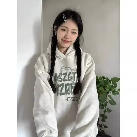 连帽卫衣女灰色高级感春秋薄款美式复古宽松oversize慵懒风外套潮商品大图
