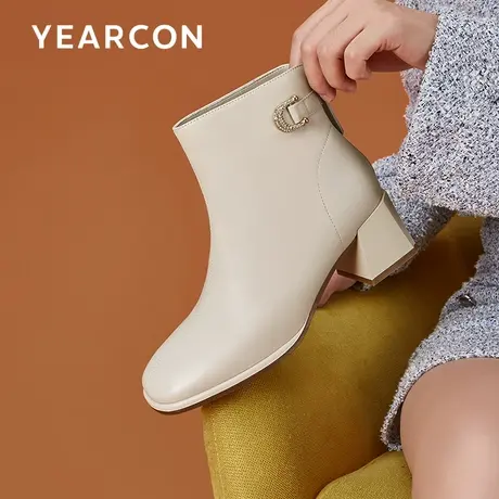 意尔康真皮及踝短靴女粗高跟2023初冬新款方头高级白色瘦瘦单靴潮商品大图