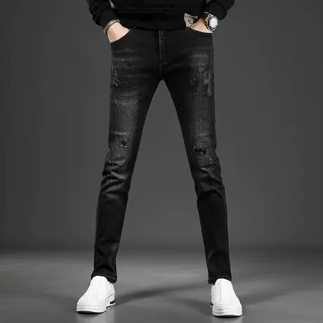 高端破洞牛仔裤男秋冬季2022新款黑色修身小脚个性刺绣弹力裤子男商品大图