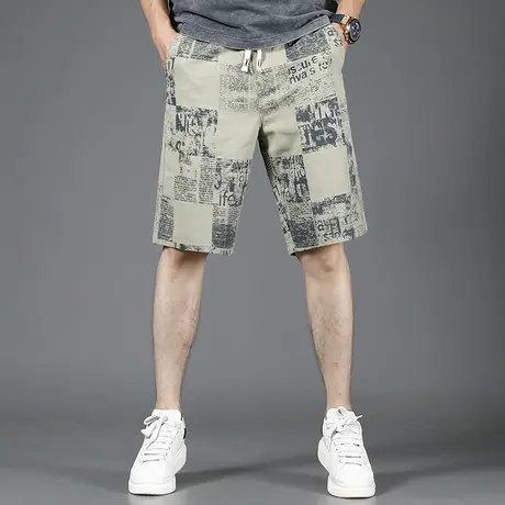 休闲短裤男2023夏季新款浅蓝色潮牌宽松直筒时尚印花沙滩五分裤子商品大图