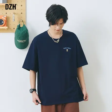 男生藏青色全棉t恤男短袖美式重磅潮牌男装2023新款夏季半袖体恤图片