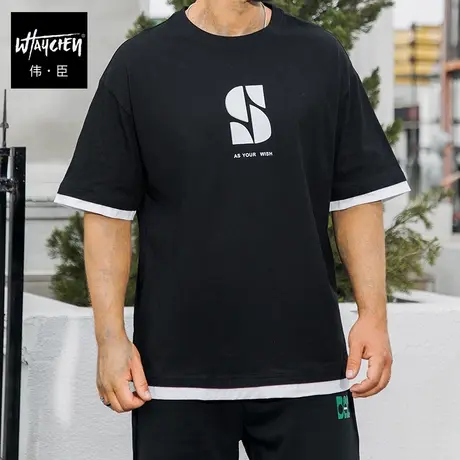 伟臣潮流大码男式短袖T恤胖子休闲百搭假两件半袖肥佬五分袖体恤商品大图