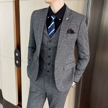 西服男结婚伴郎新郎礼服复古格子商务西装正装套装三件套主持人帅商品大图