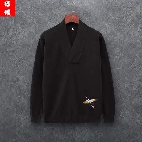 秋冬毛衣男V领刺绣休闲上衣服复古中国风针织衫大码修身毛线衣潮图片