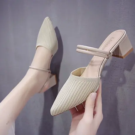 飞织凉鞋女2023新款夏季网红粗跟一鞋两穿尖头仙女风半拖鞋女外穿图片