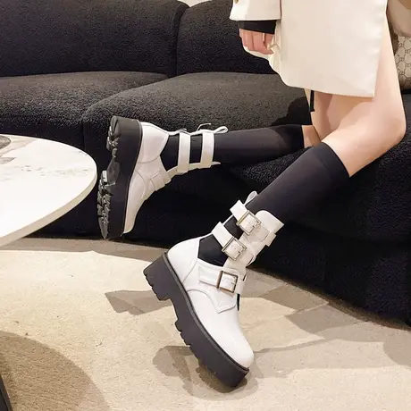 时尚百搭粗跟厚底机车靴马丁靴2023夏一字式扣带短靴松糕鞋凉靴女商品大图