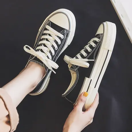 帆布鞋女2023新款秋季百搭小白鞋低帮厚底复古港味板鞋子黑色女鞋商品大图