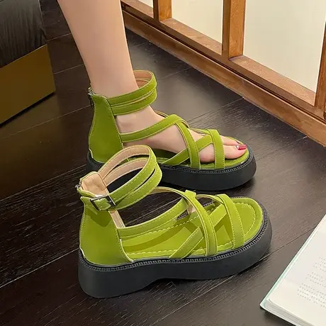 爆款松糕厚底凉鞋女夏季2023年新款法式高级感黑色复古沙滩罗马鞋商品大图