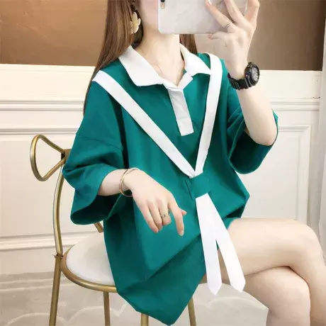 大码女装夏季宽松设计感时髦短袖t恤女中长款上衣胖mm200斤ins潮商品大图