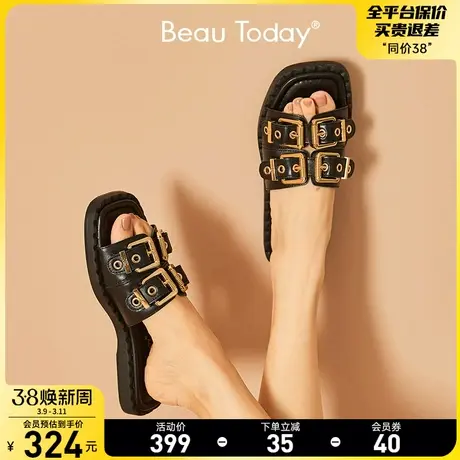 BeauToday拖鞋女外穿夏季新款ins潮皮带扣平底鞋一字拖真皮英伦风商品大图