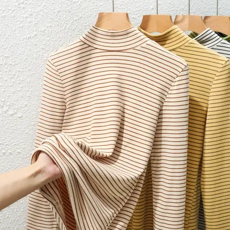 条纹中领德绒保暖内衣女大码加厚上衣双面磨毛洋气长袖T袖打底冬商品大图