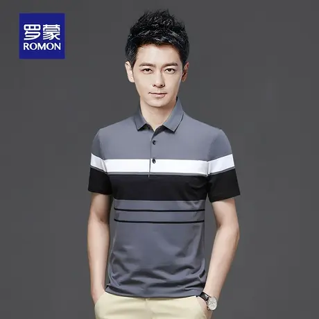 罗蒙男士纯棉短袖Polo衫夏季款商务休闲条纹男装T恤带翻领上衣服图片