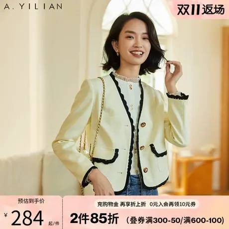 阿依莲2023新款女冬法式撞色V领小香风短外套甜美设计单排扣上衣图片