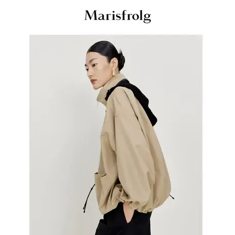 【羊毛娃娃装】玛丝菲尔春季新款卡其色连帽立领风衣短外套商品大图