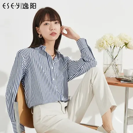 逸阳v领条纹衬衫女2023春季新款100%棉宽松显瘦内搭外套百搭上衣图片