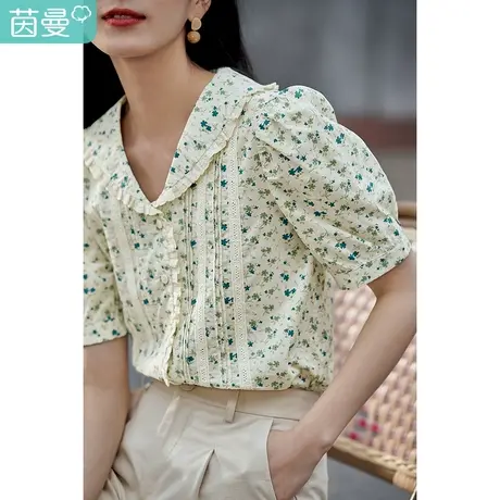 茵曼花边娃娃领印花衬衫女2022夏季新款宽松气质碎花清新纯棉衬衣图片