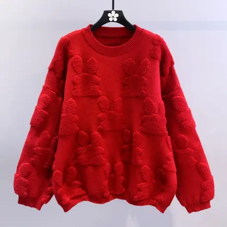 植绒卡通红色毛衣女秋冬2023新款韩版宽松慵懒风洋气外穿针织上衣商品大图