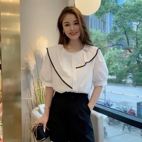 甜美圆领荷叶边衬衫女2023夏季新款ins设计感小心机短袖衬衣上衣图片