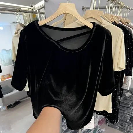 开叉金丝绒黑色短袖T恤女2023初秋新款设计感小众洋气半袖 打底衫图片
