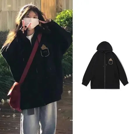 开衫卫衣外套女小个子秋冬加绒加厚美式oversize慵懒风连帽上衣服商品大图