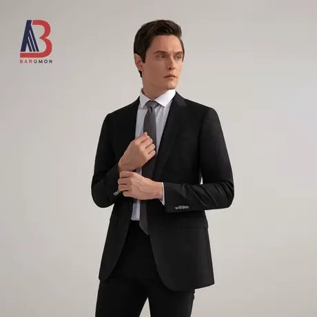 BAROMON/培罗蒙2023新品男士商务西装黑色格子礼服羊毛西服套装图片