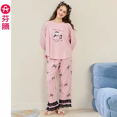 芬腾女士长袖睡衣春秋季新款纯棉圆领套头套装休闲大码可爱家居服商品大图