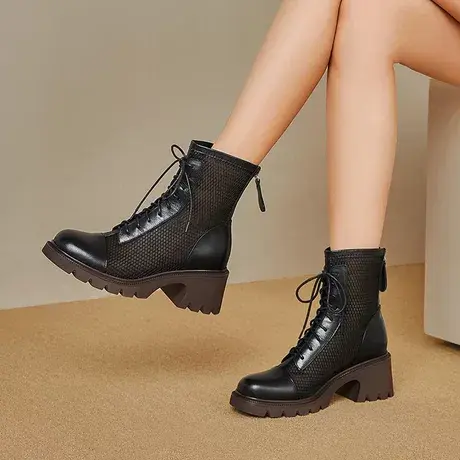 夏季新款凉靴真皮透气网纱短靴厚底高跟时尚百搭圆头系带马丁靴商品大图