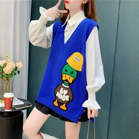 设计感卡通无袖针织背心马甲女2020年早春新款慵懒风V领毛衣坎肩商品大图