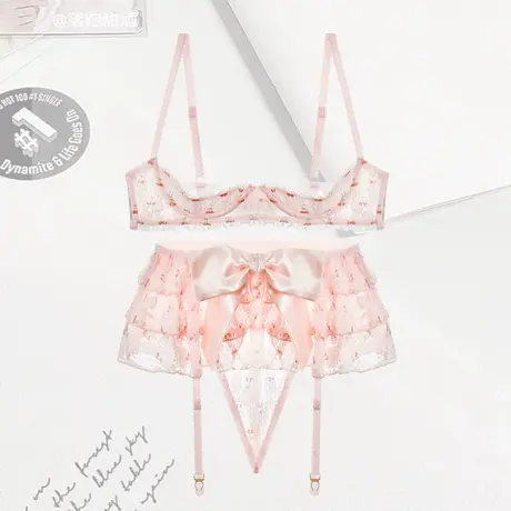 甜系娇妻*性感粉色网纱刺绣文胸套装带钢圈内衣女三件套图片