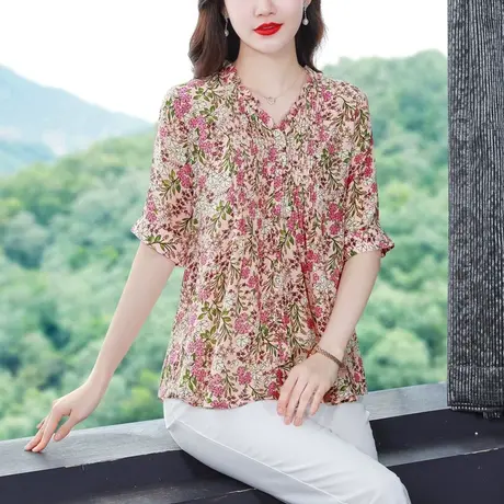 高端真丝碎花短袖衬衣女2023夏新款漂亮小衫桑蚕丝薄衬衫薄款上衣商品大图