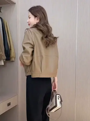 2023春秋皮衣外套女短款宽松弧形皮夹克棒球服小个子上衣女装皮衣商品大图