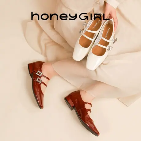 honeyGIRL2025春夏春款时尚百搭复古法式粗跟方头浅口仙女风单鞋商品大图