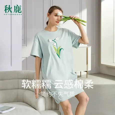 秋鹿【断码清仓】纯棉睡裙女夏款睡衣女款连衣裙中长款短袖女裙子商品大图