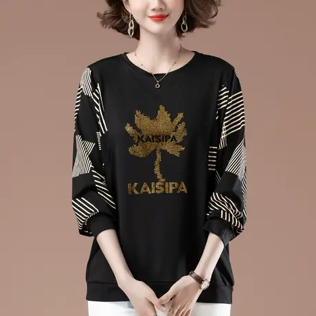 长袖t恤女春秋加肥加大码女装宽松百搭烫钻拼接遮肚子显瘦打底衫商品大图