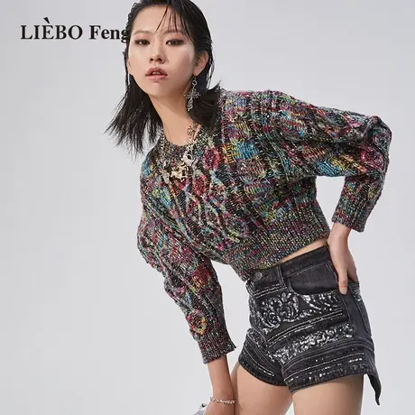 裂帛LIEBOFeng2023年chic宽松设计感泡泡袖慵懒风彩虹长袖毛衣女图片