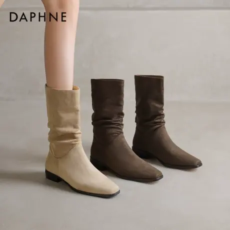 达芙妮堆堆中筒靴女2026新款冬季美拉德靴子加绒平底马丁靴瘦瘦靴商品大图