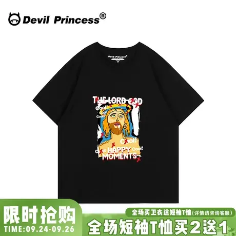 vintage街头风复古黑色正肩t恤女大版宽松小众设计感涂鸦印花上衣商品大图