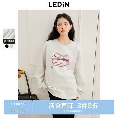【反季清仓】乐町蝴蝶结印花圆领卫衣女装冬宽松落肩字母刺绣上衣图片