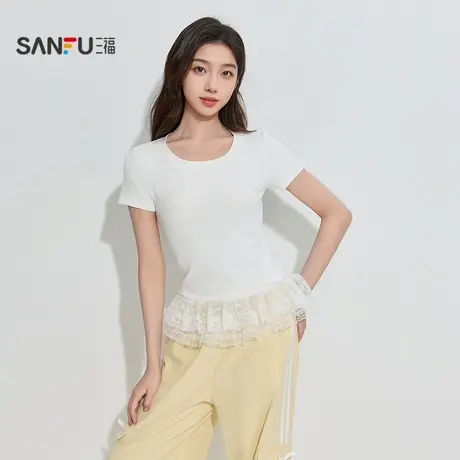 三福女秋季蕾丝拼接短袖打底衫单衣 法式修身外穿上衣504757商品大图